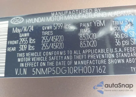 2024 Hyundai Santa Fe Hybrid Calligraphy from USA, damaged, VIN 5NMP5DG10RH007162
